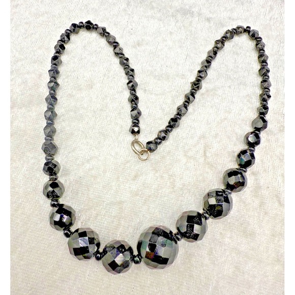 Estate Jewelry - Vintage Glass Necklace Beaded Black Faceted Statement Classic 17"